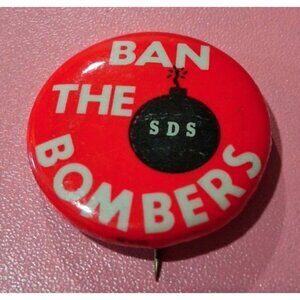 Ban The Bombers SDS Anti-War Protest Pinback Button Red & Black Political Badge•
